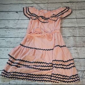 Elizabeth Wilson Orange White Blue Seersucker Stripe Rik Rak Ruffle Dress L